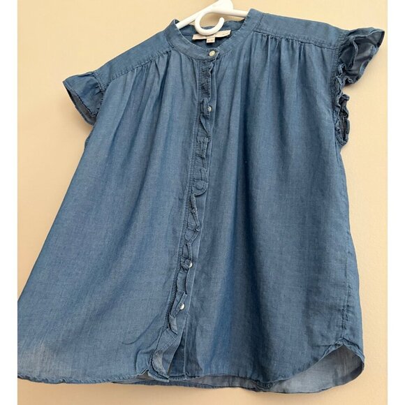 LOFT Petite Chambray Ruffle Button Front Short Sleeve Blouse Size Small - Picture 4 of 10